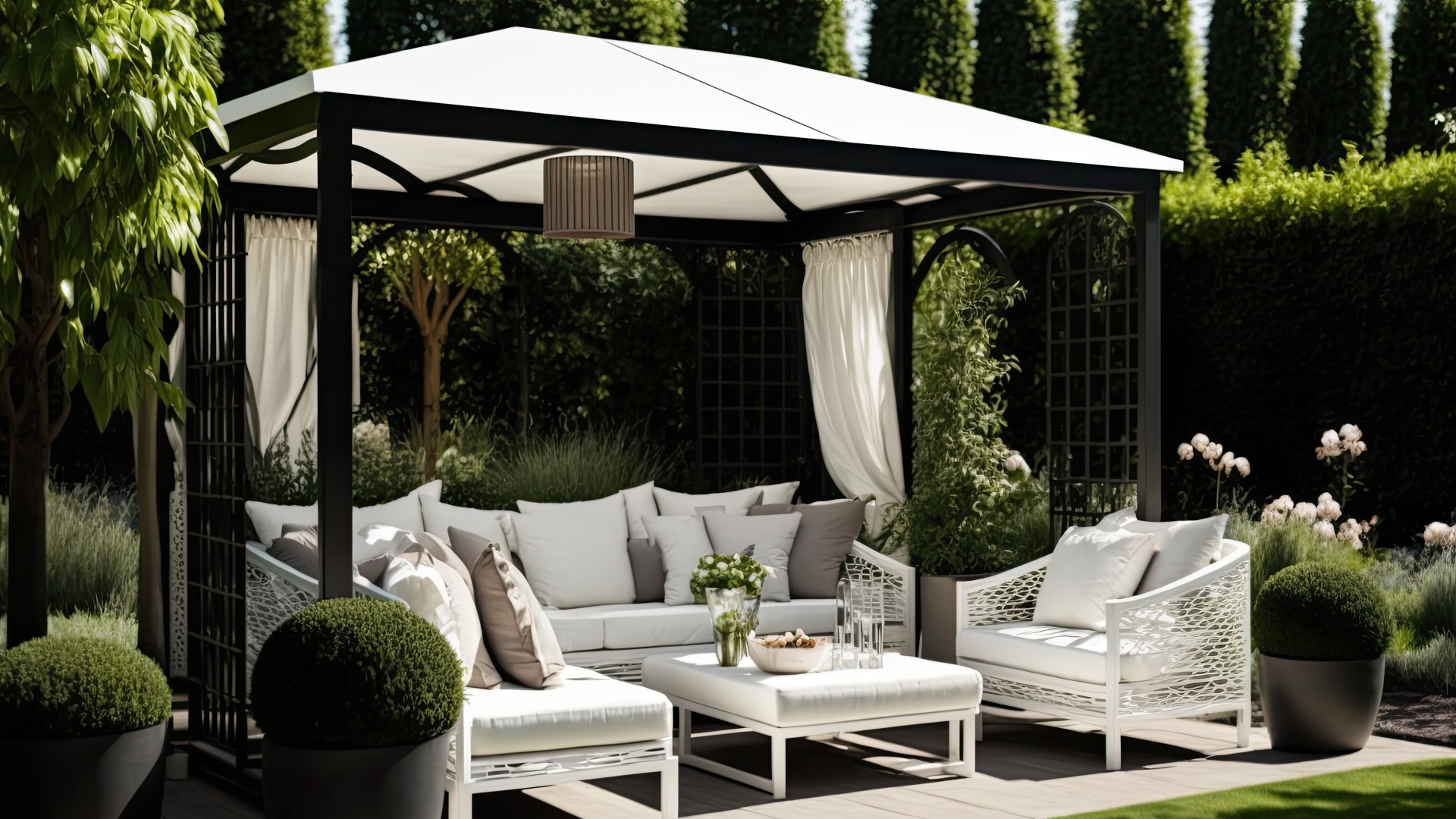 Ein ansprechender Pavillon im Garten, der Entspannung im Freien in einem eleganten Ambiente ermöglicht.